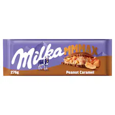 Milka Mmmax földimogyorós-karamellás alpesi tejcsokoládé földimogyoró darabokkal és rizzsel 276 g