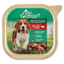 Pet Specialist teljes értékű állateledel felnőtt kutyák számára ragu marhával májjal tésztával 300 g